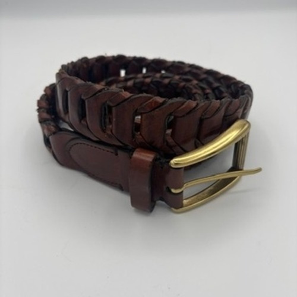 Cole Haan Woven Leather Belt Men Sz 44 Brown Braided Brass Buckle Casual - Picture 3 of 9